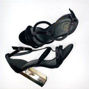 Missguided black velvet T-strap gold block heel